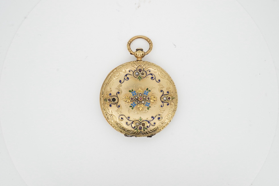 A lady's Swiss yellow metal, enamel and gem set dress fob watch, with Roman dial, case diameter 36mm, gross weight 28.3 grams. Condition - poor.